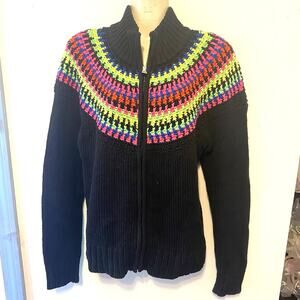 VTG Ralph Lauren Women L FullZip Black Rainbow Contrast Sweater 90s Rave Preppy